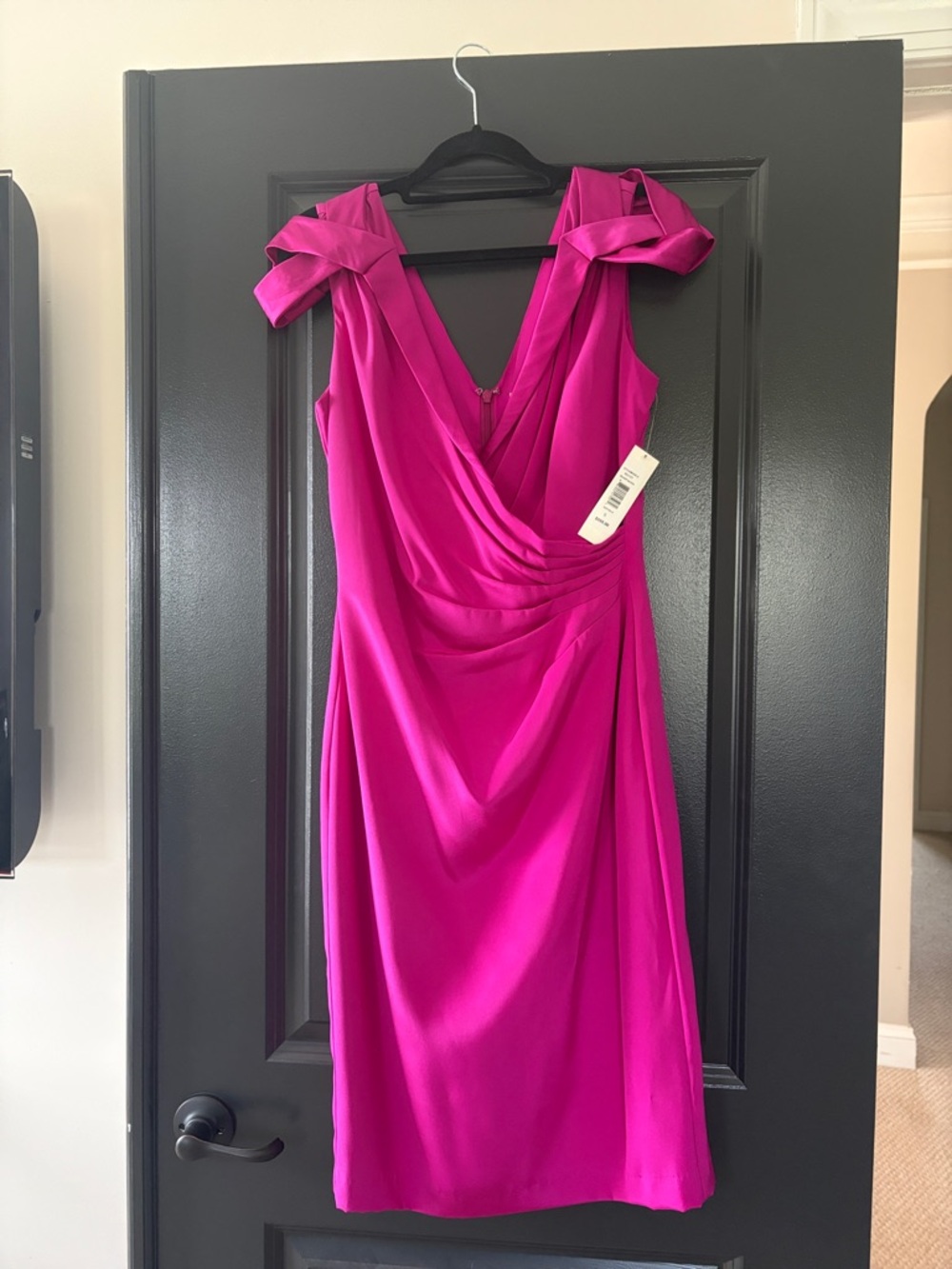 Badgley Mischka Fuchsia Midi Dress with Bow-Shoulder Detail